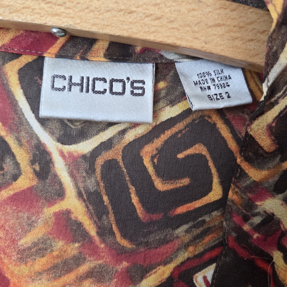 Chicos Silk Sheer Blouse Plus Size2 Sheer V-Neck Abstract Long Sleeve Top - Picture 7 of 14